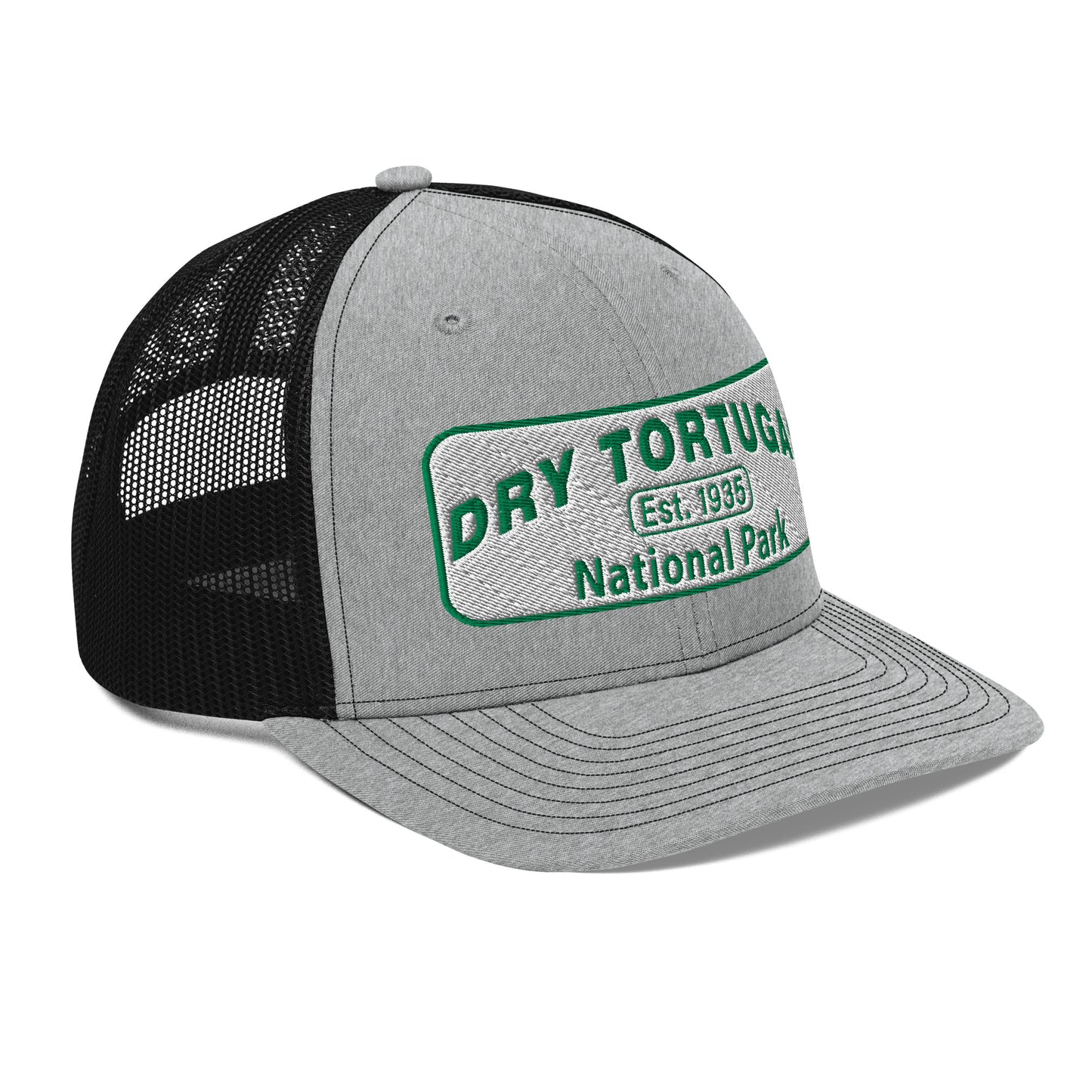 Dry Tortugas National Park Hat - White and Green Embroidered patch - Richardson 112 Trucker Hat - Side View - Color: Heather/Black