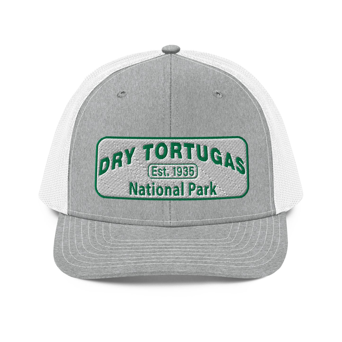 Dry Tortugas National Park Hat - White and Green Embroidered patch - Richardson 112 Trucker Hat - Front View - Color: Heather/White