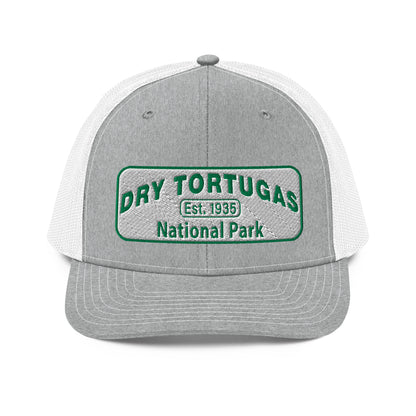 Dry Tortugas National Park Hat - White and Green Embroidered patch - Richardson 112 Trucker Hat - Front View - Color: Heather/White