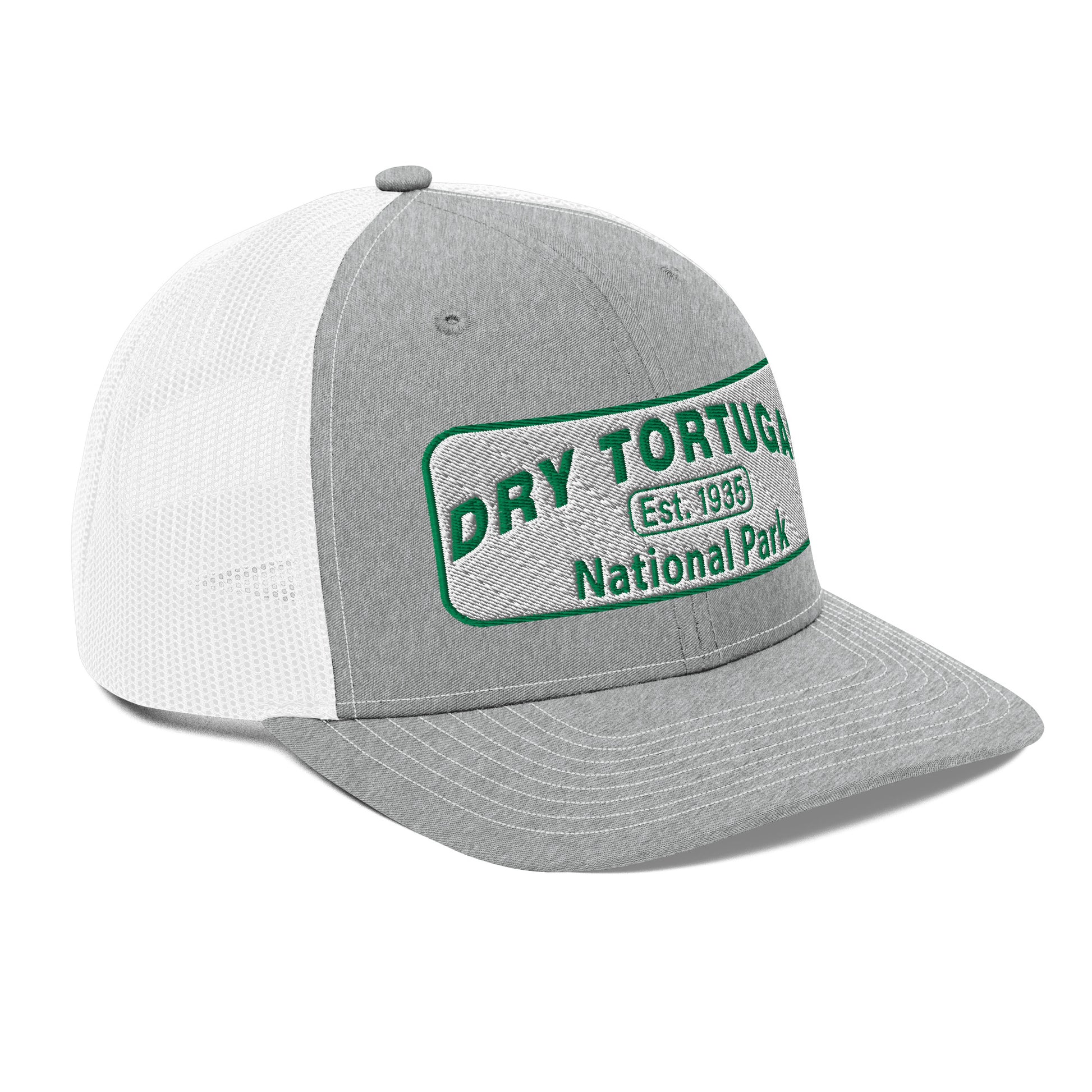 Dry Tortugas National Park Hat - White and Green Embroidered patch - Richardson 112 Trucker Hat - Side View - Color: Heather/White