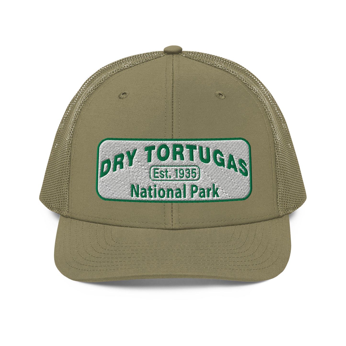 Dry Tortugas National Park Hat - White and Green Embroidered patch - Richardson 112 Trucker Hat - Front View - Color: Loden