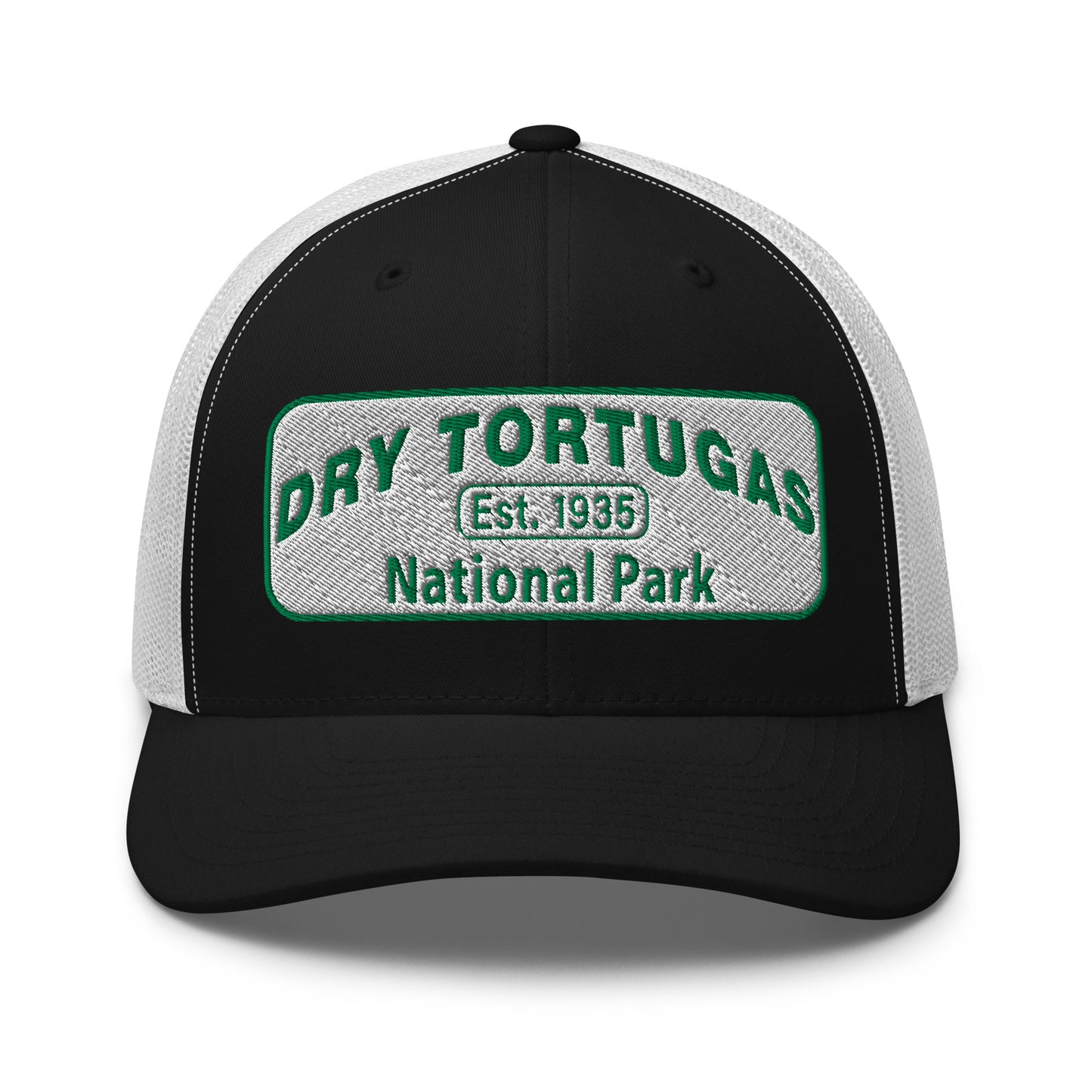 Dry Tortugas National Park Hat - White and Green Embroidered patch - Yupoong 6606 Trucker Hat - Front View - Color: Black/White