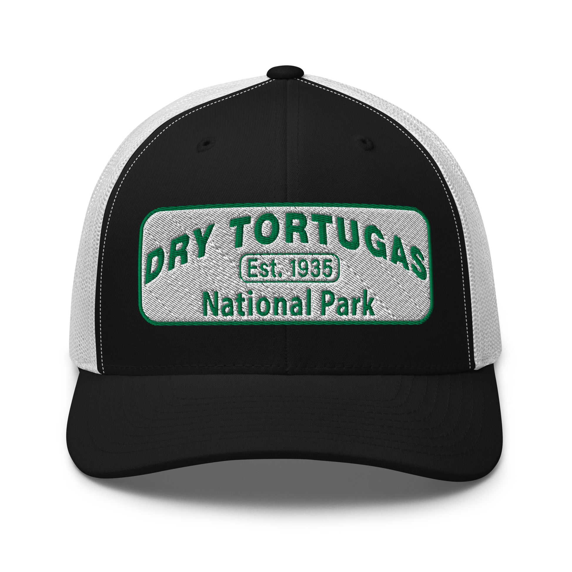 Dry Tortugas National Park Hat - White and Green Embroidered patch - Yupoong 6606 Trucker Hat - Front View - Color: Black/White