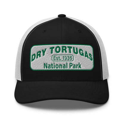 Dry Tortugas National Park Hat - White and Green Embroidered patch - Yupoong 6606 Trucker Hat - Front View - Color: Black/White