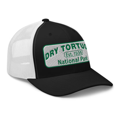 Dry Tortugas National Park Hat - White and Green Embroidered patch - Yupoong 6606 Trucker Hat - Side View - Color: Black/White