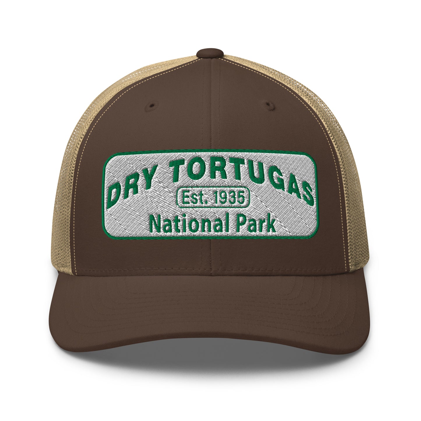 Dry Tortugas National Park Hat - White and Green Embroidered patch - Yupoong 6606 Trucker Hat - Front View - Color: Brown/Khaki