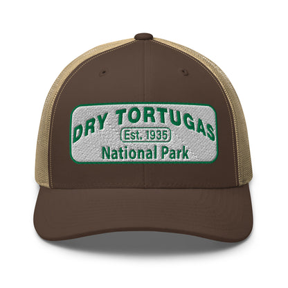 Dry Tortugas National Park Hat - White and Green Embroidered patch - Yupoong 6606 Trucker Hat - Front View - Color: Brown/Khaki