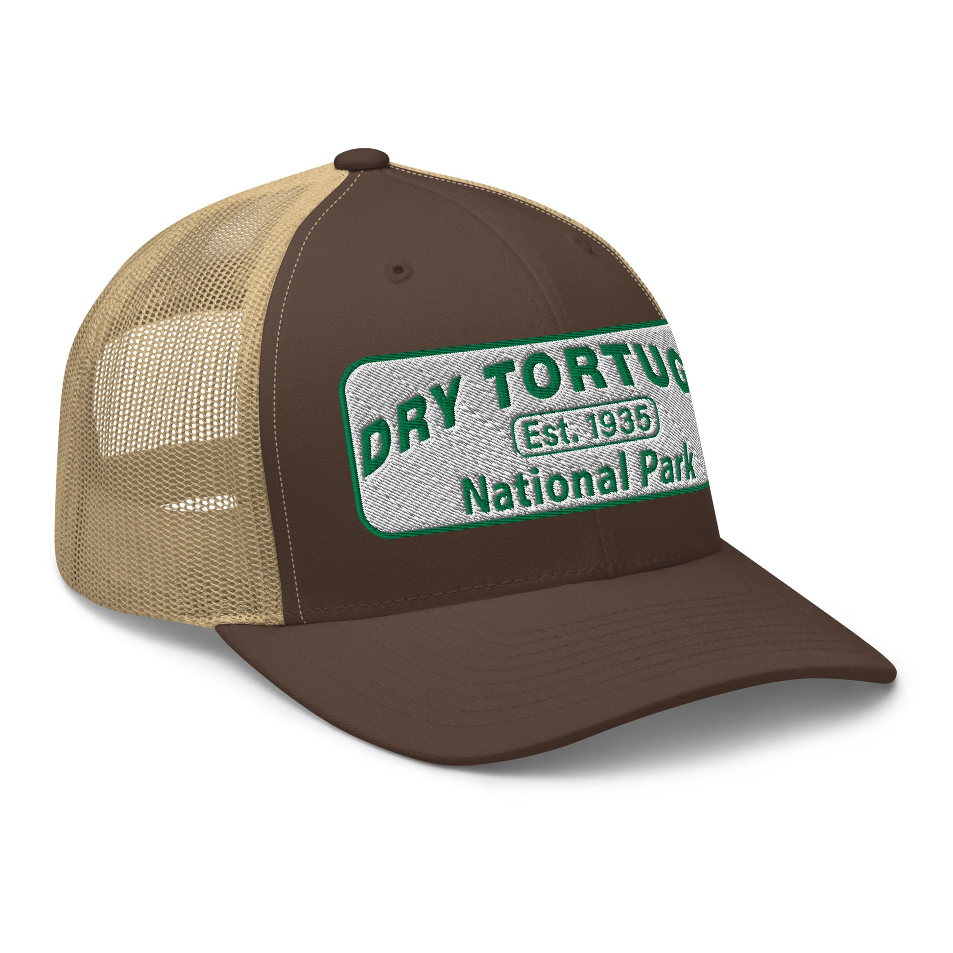 Dry Tortugas National Park Hat - White and Green Embroidered patch - Yupoong 6606 Trucker Hat - Side View - Color: Brown/Khaki