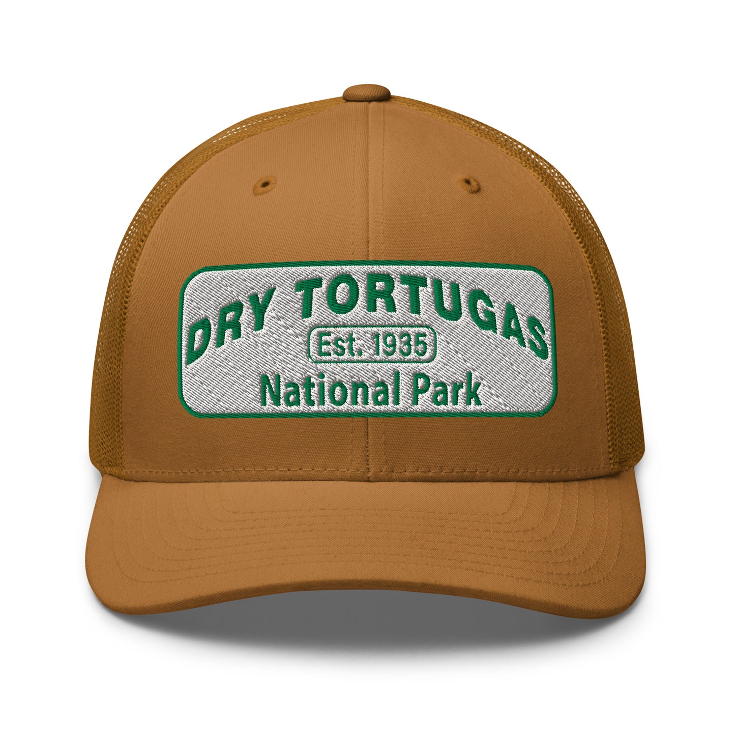 Dry Tortugas National Park Hat - White and Green Embroidered patch - Yupoong 6606 Trucker Hat - Front View - Color: Caramel