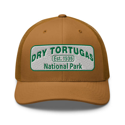 Dry Tortugas National Park Hat - White and Green Embroidered patch - Yupoong 6606 Trucker Hat - Front View - Color: Caramel