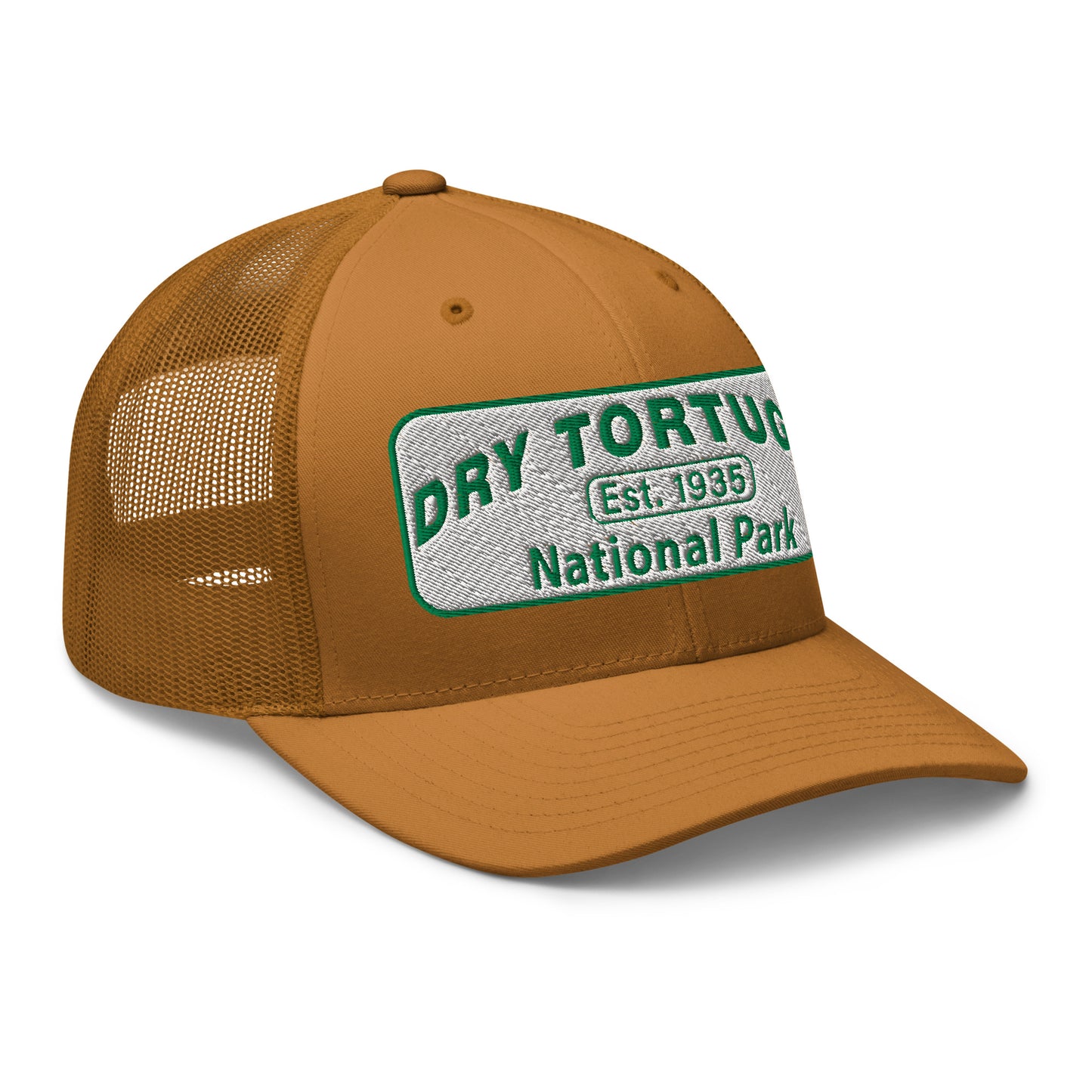 Dry Tortugas National Park Hat - White and Green Embroidered patch - Yupoong 6606 Trucker Hat - Side View - Color: Caramel