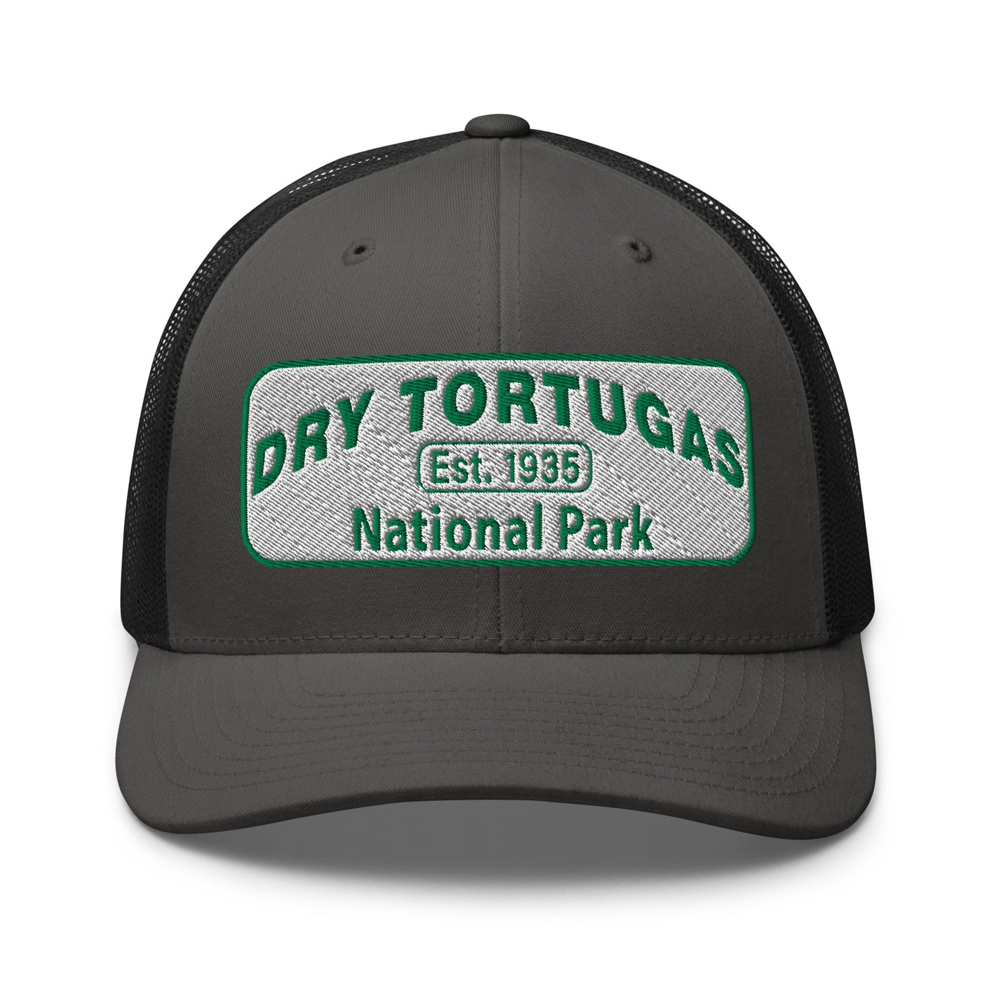 Dry Tortugas National Park Hat - White and Green Embroidered patch - Yupoong 6606 Trucker Hat - Front View - Color: Charcoal/Black