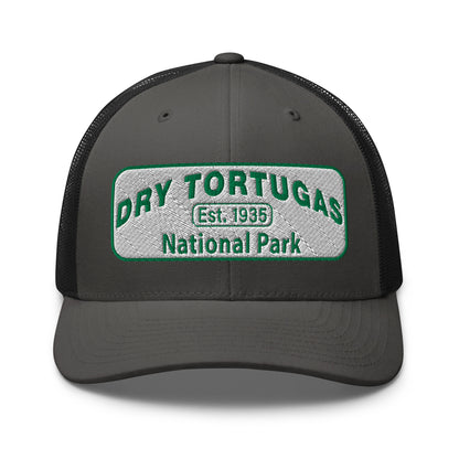 Dry Tortugas National Park Hat - White and Green Embroidered patch - Yupoong 6606 Trucker Hat - Front View - Color: Charcoal/Black
