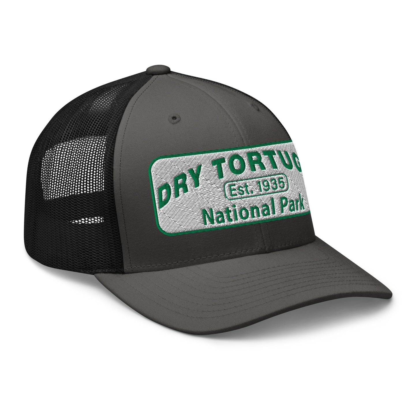 Dry Tortugas National Park Hat - White and Green Embroidered patch - Yupoong 6606 Trucker Hat - Side View - Color: Charcoal/Black