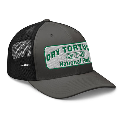 Dry Tortugas National Park Hat - White and Green Embroidered patch - Yupoong 6606 Trucker Hat - Side View - Color: Charcoal/Black