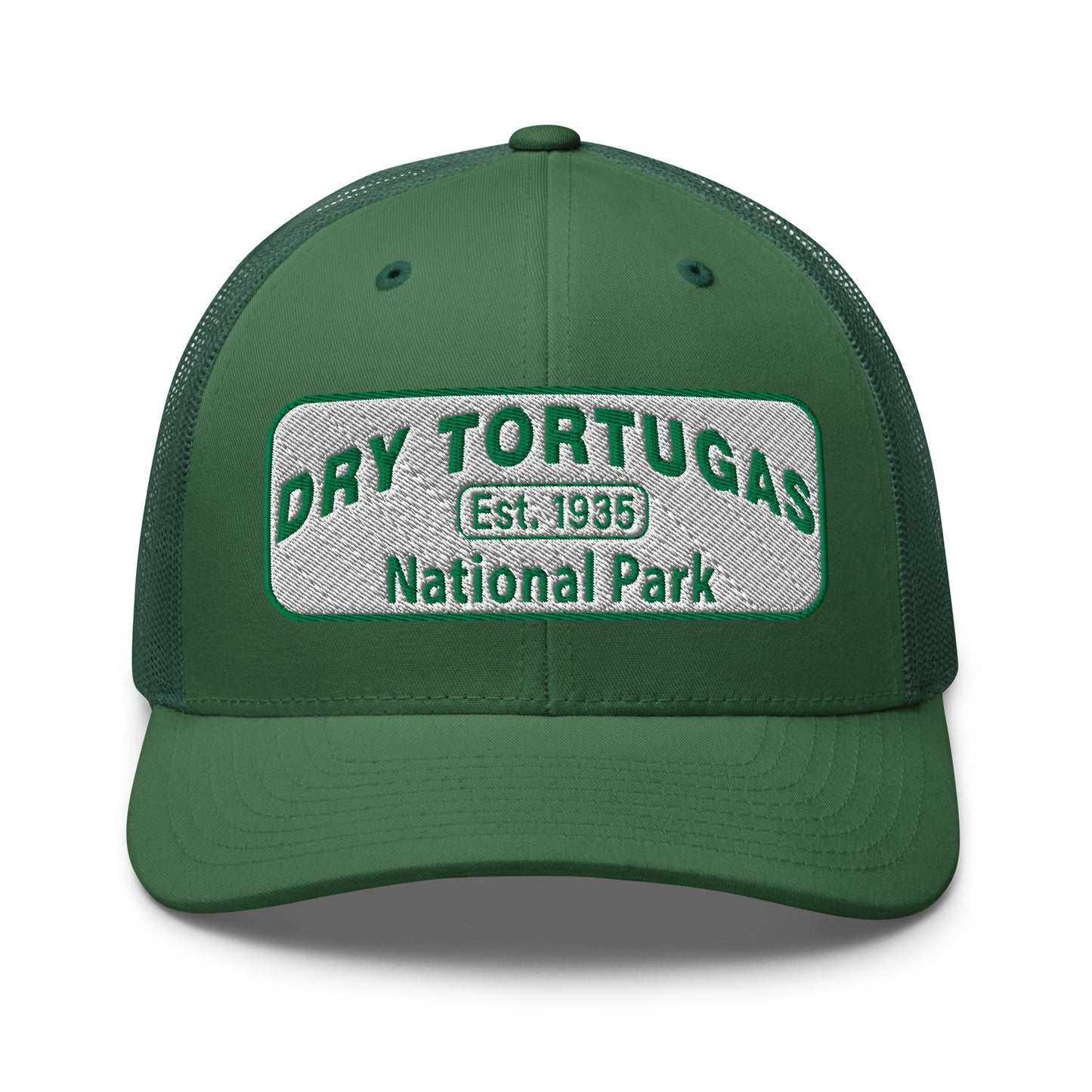 Dry Tortugas National Park Hat - White and Green Embroidered patch - Yupoong 6606 Trucker Hat - Front View - Color: Evergreen