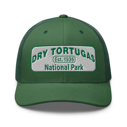 Dry Tortugas National Park Hat - White and Green Embroidered patch - Yupoong 6606 Trucker Hat - Front View - Color: Evergreen