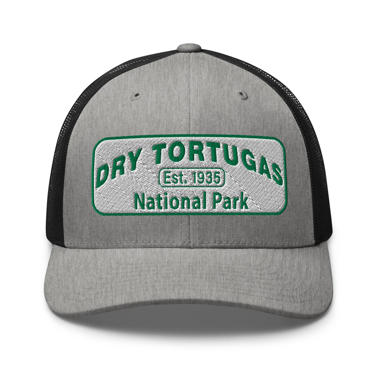 Dry Tortugas National Park Hat - White and Green Embroidered patch - Yupoong 6606 Trucker Hat - Front View - Color: Heather/Black