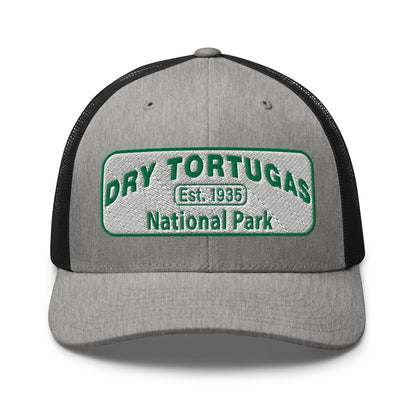 Dry Tortugas National Park Hat - White and Green Embroidered patch - Yupoong 6606 Trucker Hat - Front View - Color: Heather/Black