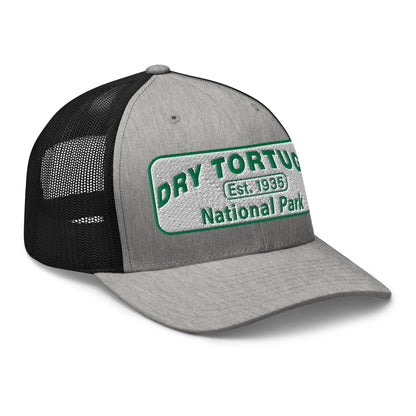 Dry Tortugas National Park Hat - White and Green Embroidered patch - Yupoong 6606 Trucker Hat - Side View - Color: Heather/Black