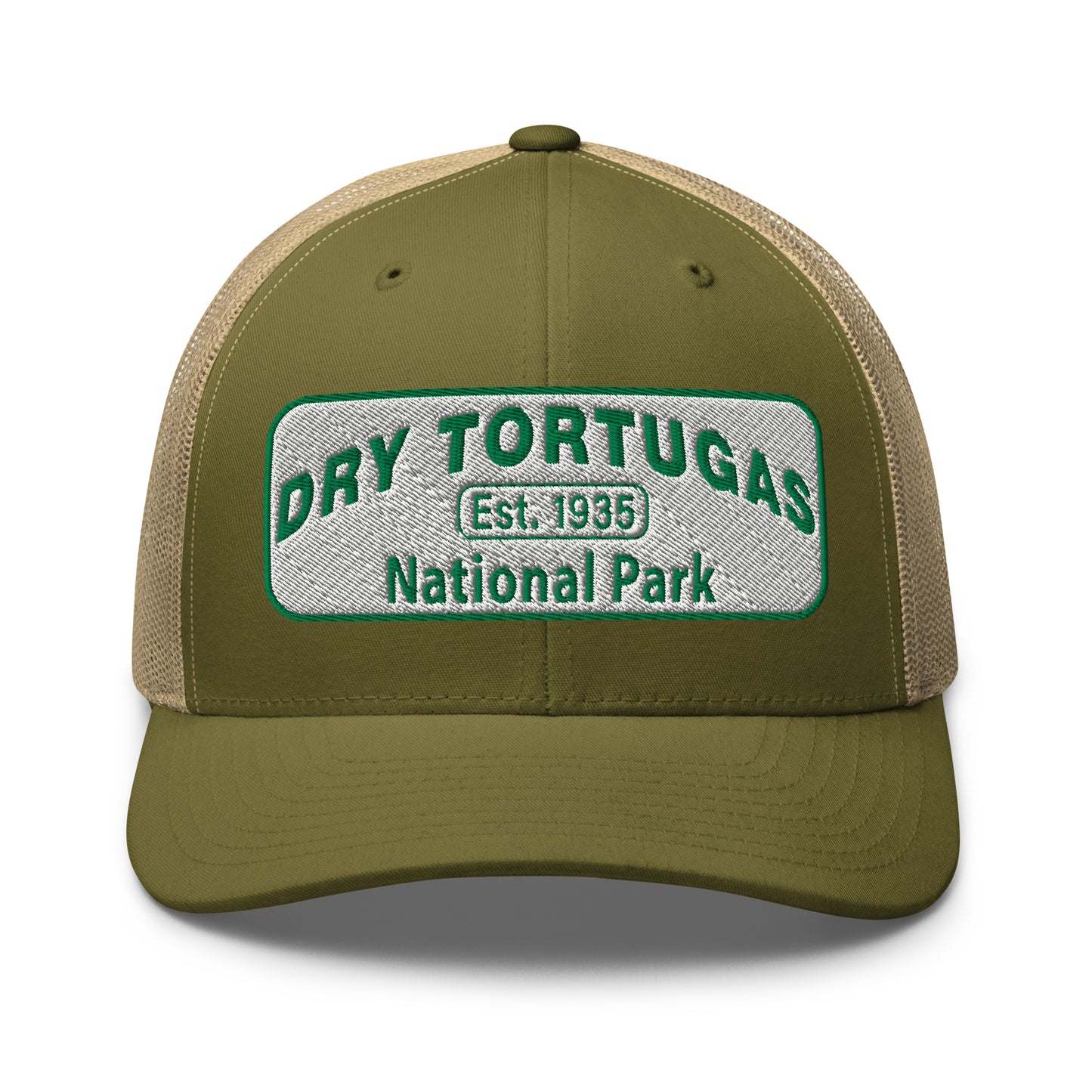 Dry Tortugas National Park Hat - White and Green Embroidered patch - Yupoong 6606 Trucker Hat - Front View - Color: Moss Green/Khaki