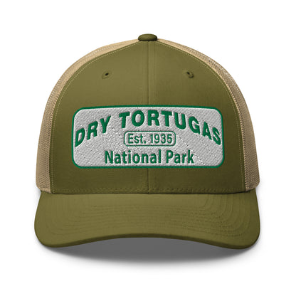 Dry Tortugas National Park Hat - White and Green Embroidered patch - Yupoong 6606 Trucker Hat - Front View - Color: Moss Green/Khaki