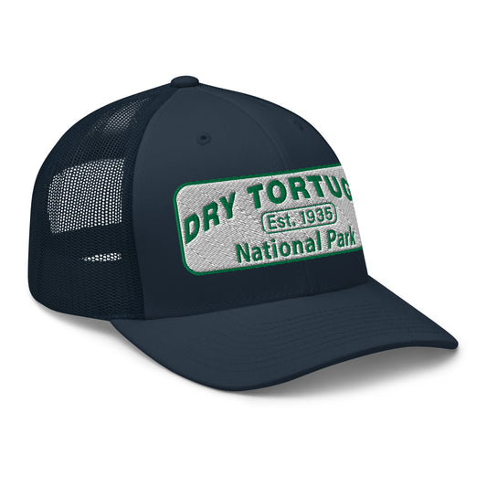 Dry Tortugas National Park Hat - White and Green Embroidered patch - Yupoong 6606 Trucker Hat - Side View - Color: Navy