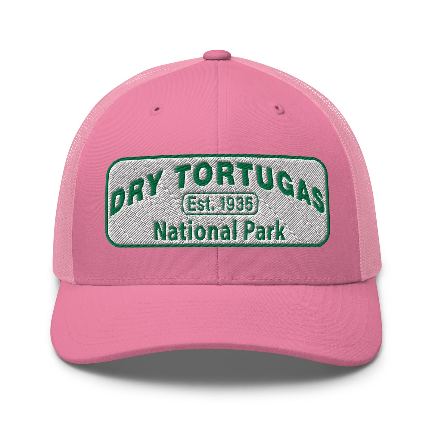 Dry Tortugas National Park Hat - White and Green Embroidered patch - Yupoong 6606 Trucker Hat - Front View - Color: Pink