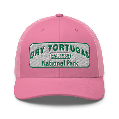 Dry Tortugas National Park Hat - White and Green Embroidered patch - Yupoong 6606 Trucker Hat - Front View - Color: Pink