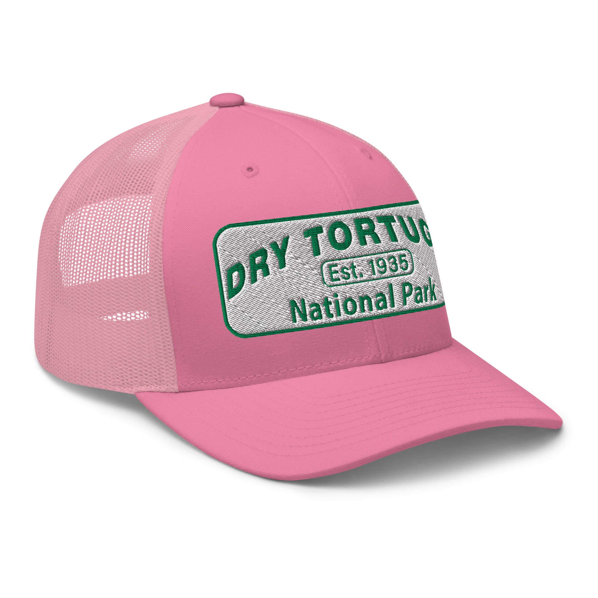 Dry Tortugas National Park Hat - White and Green Embroidered patch - Yupoong 6606 Trucker Hat - Side View - Color: Pink