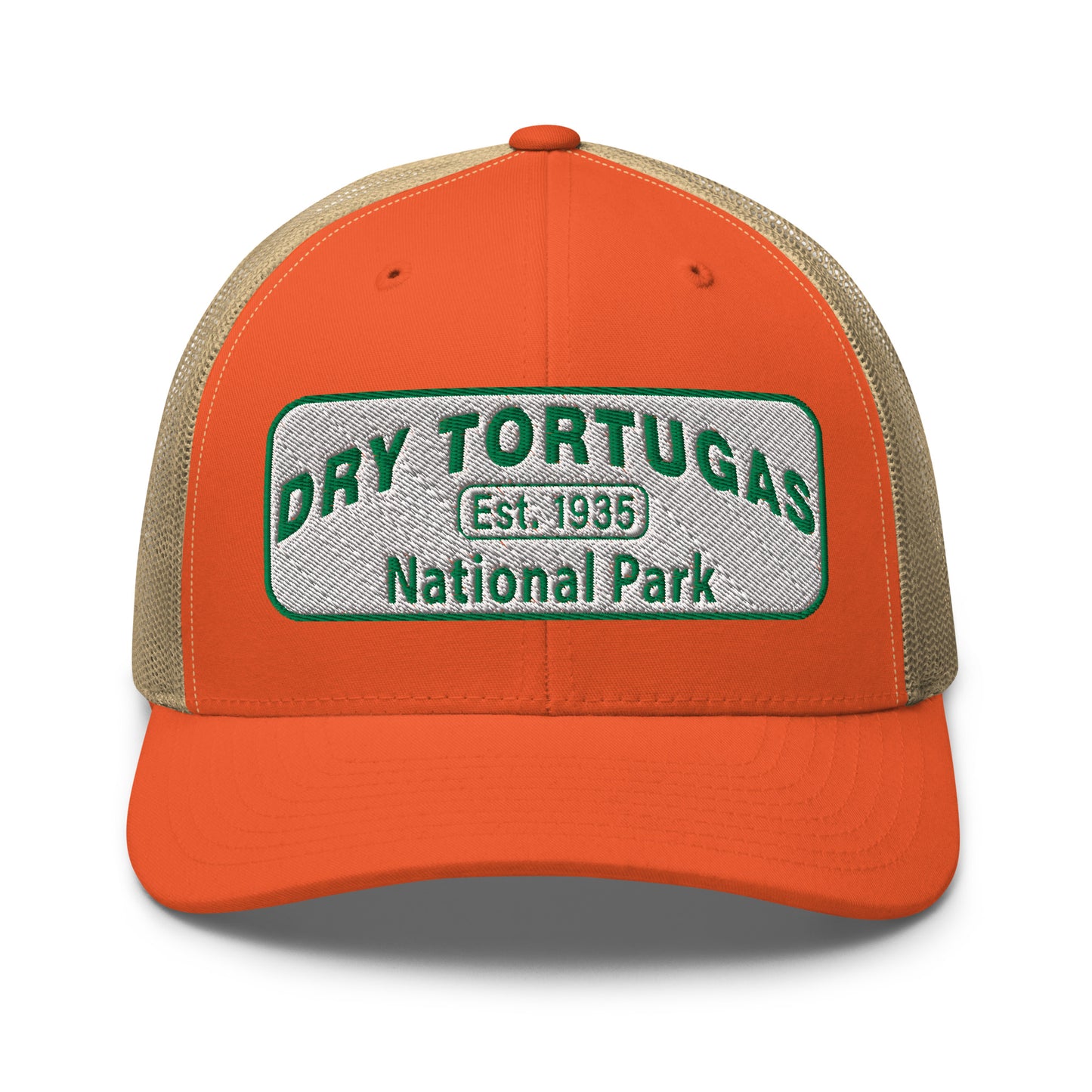 Dry Tortugas National Park Hat - White and Green Embroidered patch - Yupoong 6606 Trucker Hat - Front View - Color: Orange/Khaki
