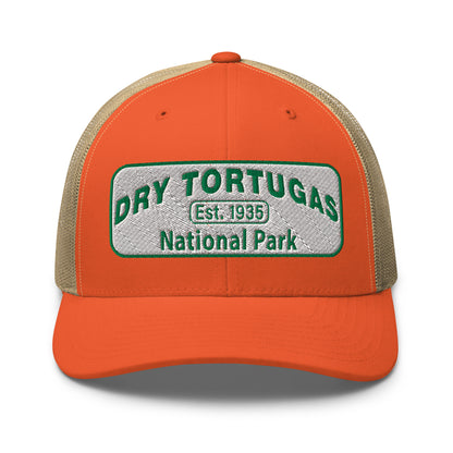 Dry Tortugas National Park Hat - White and Green Embroidered patch - Yupoong 6606 Trucker Hat - Front View - Color: Orange/Khaki