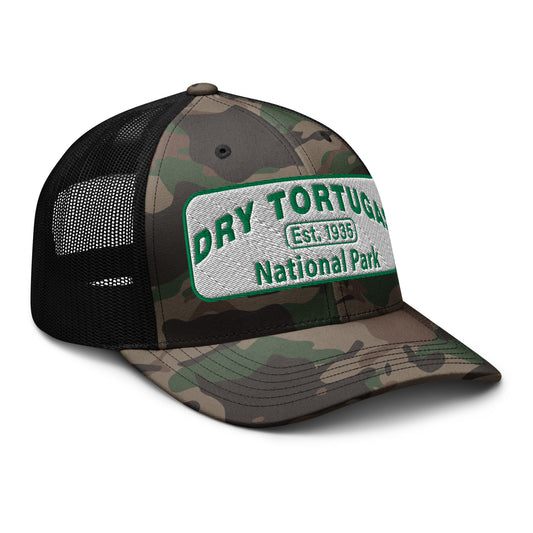 Dry Tortugas National Park Camo Hat - White and Green Embroidered patch - Otto 105-1247 Trucker Hat - Side View - Color: Camo/Black