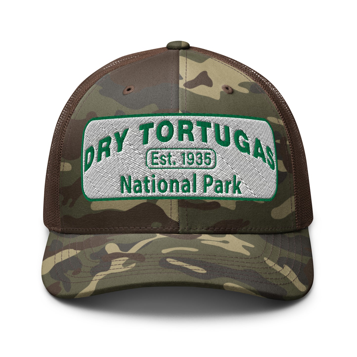 Dry Tortugas National Park Camo Hat - White and Green Embroidered patch - Otto 105-1247 Trucker Hat - Front View - Color: Camo/Brown