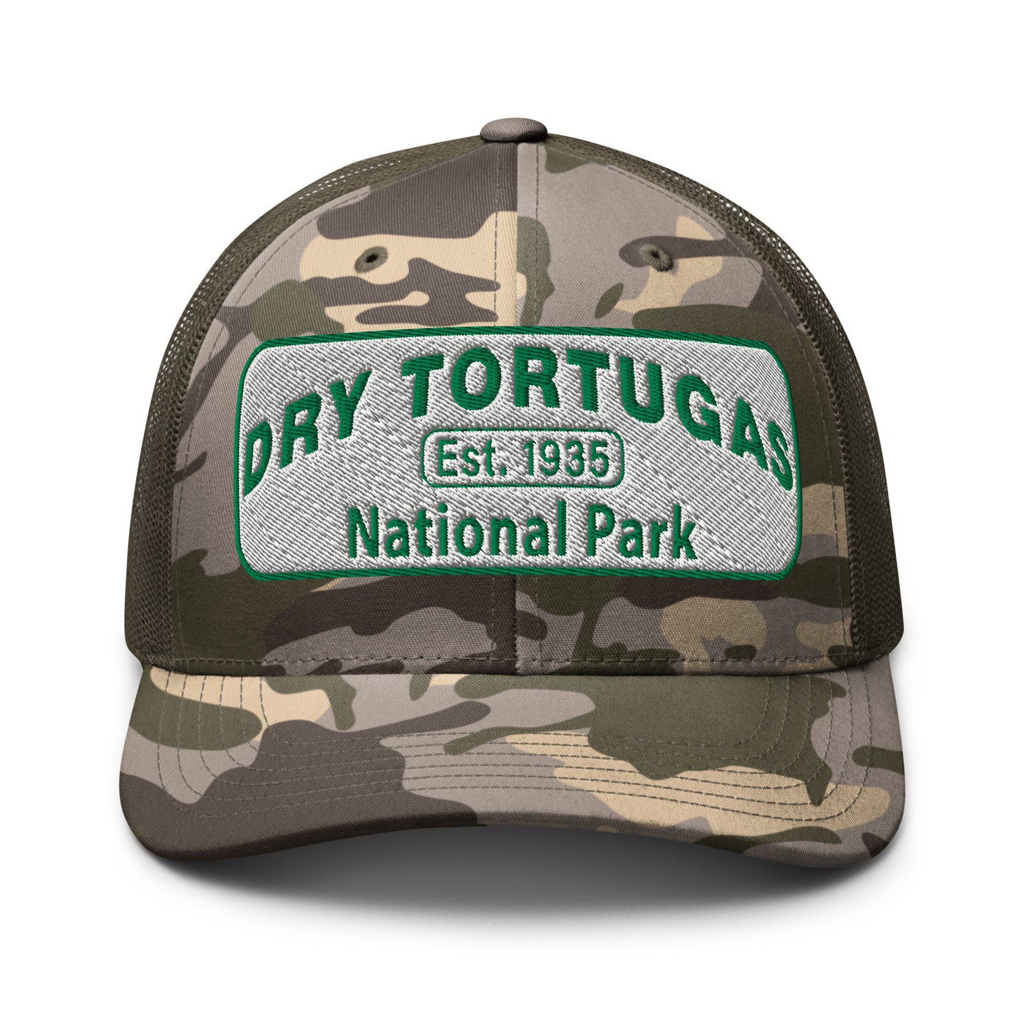 Dry Tortugas National Park Camo Hat - White and Green Embroidered patch - Otto 105-1247 Trucker Hat - Front View - Color: Camo/Olive