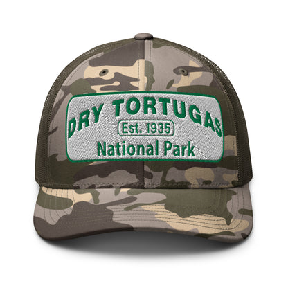 Dry Tortugas National Park Camo Hat - White and Green Embroidered patch - Otto 105-1247 Trucker Hat - Front View - Color: Camo/Olive