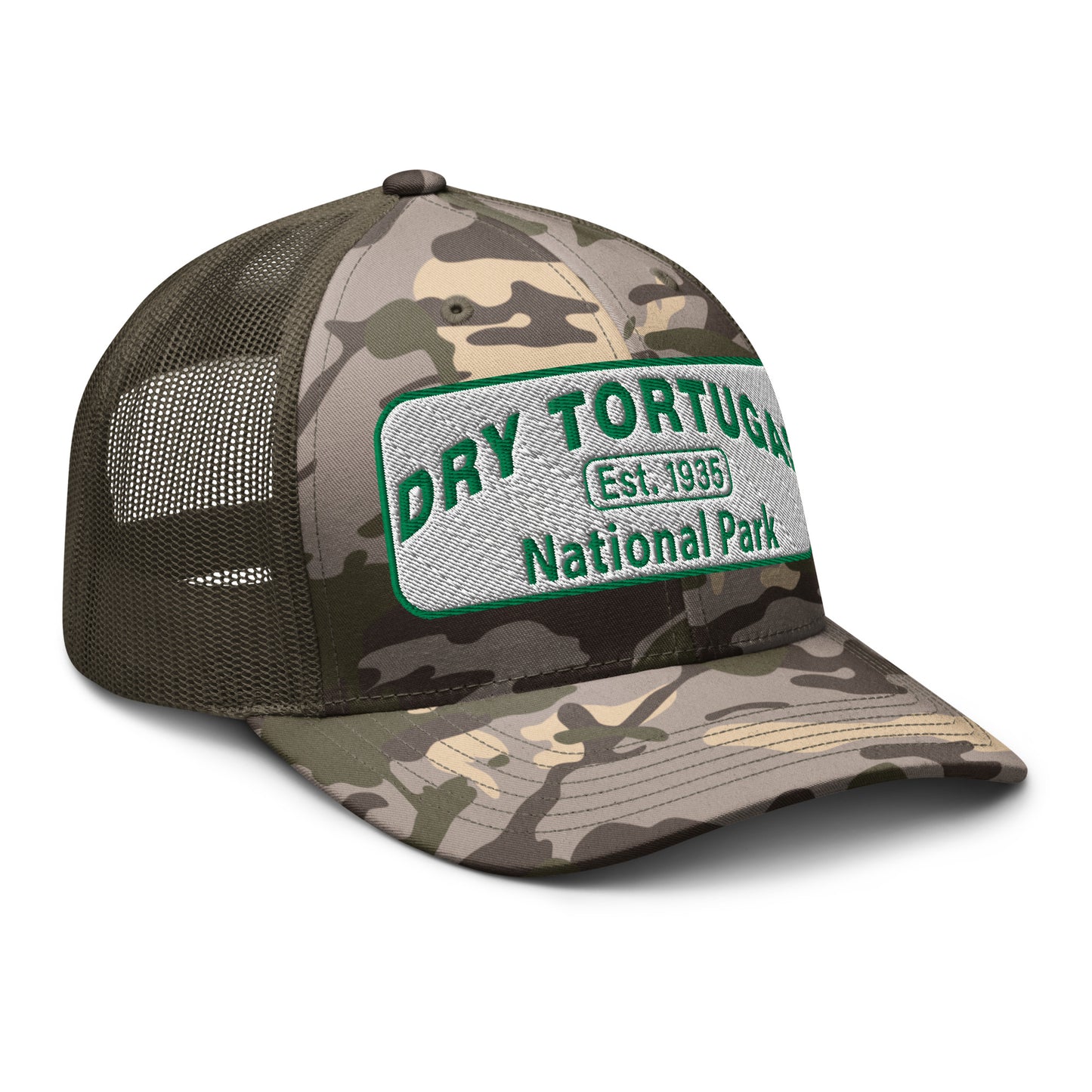 Dry Tortugas National Park Camo Hat - White and Green Embroidered patch - Otto 105-1247 Trucker Hat - Side View - Color: Camo/Olive