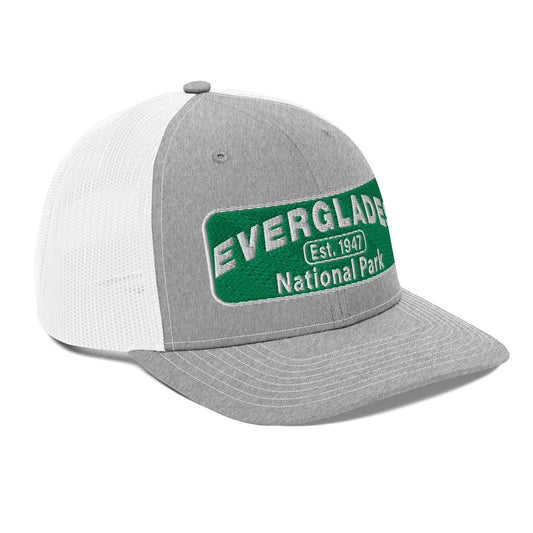 Everglades National Park Hat with a green and white embroidered park patch on a Heaher/White Richardson 112 trucker hat viewed from the right side.
