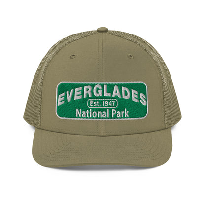 Everglades National Park Hat with a green and white embroidered park patch on a Loden Richardson 112 trucker hat viewed from the front.