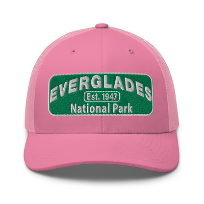 Everglades National Park Hat with a green and white embroidered national park patch on a navy Yupoong 6606 Trucker hat viewed from the front.
