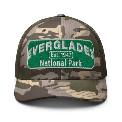 Everglades National Park Camo Hat with a green and white embroidered park patch on a camo/olive Otto 105-1247 trucker hat viewed from the front side.