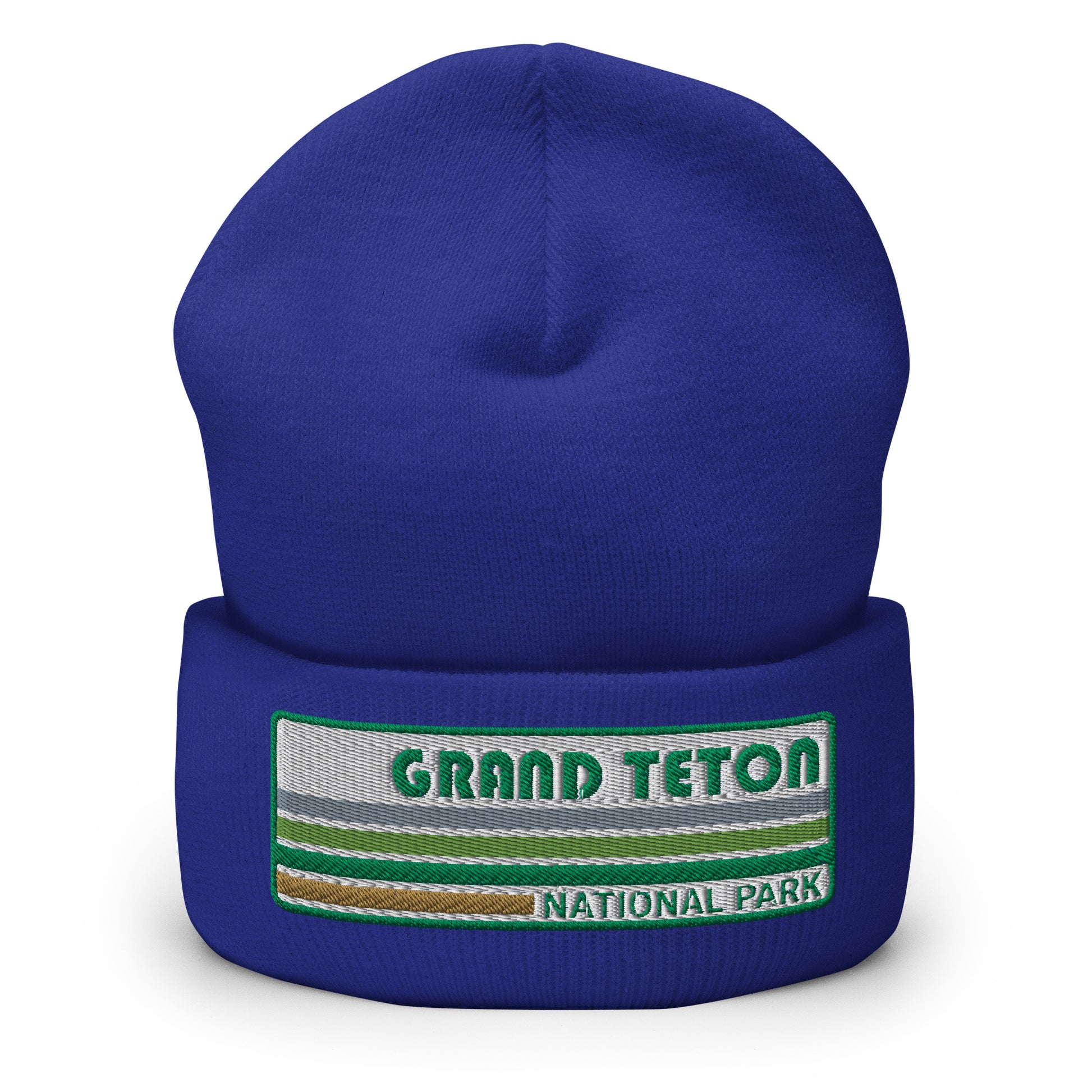 Grand Teton National Park Beanie - Retro 70's Style Grand Teton Style Embroidered Logo - Yupoong 1501KC Beanie - Color: Royal Blue