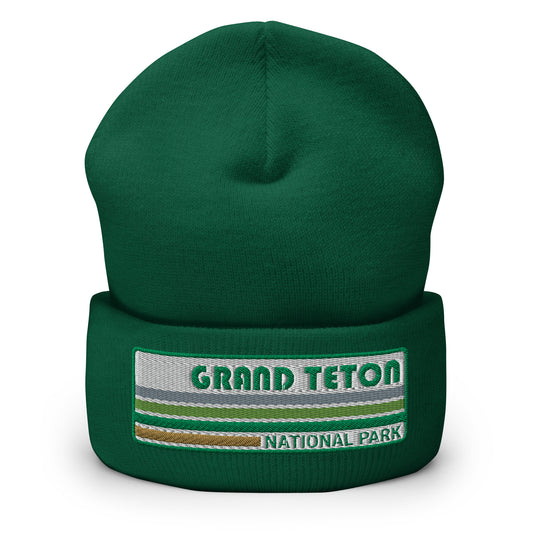 Grand Teton National Park Beanie - Retro 70's Style Grand Teton Style Embroidered Logo - Yupoong 1501KC Beanie - Color: Green
