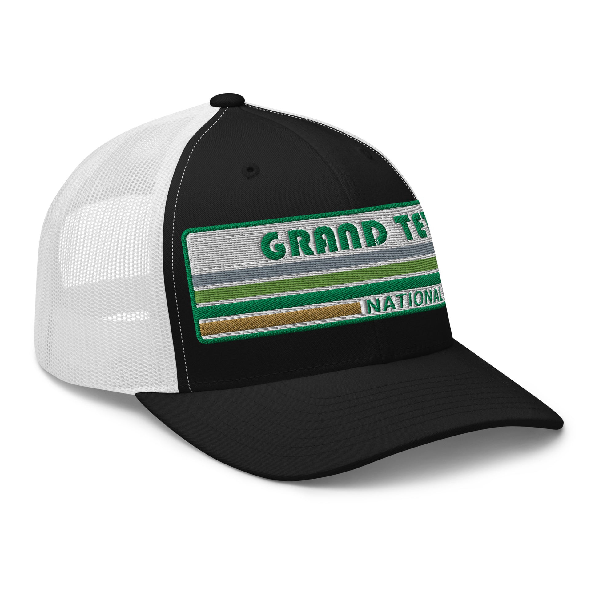 Grand Teton Hat with Retro 70's Style embroidered national park logo. Grand Teton National Park in Green on a Black and White Yupoong 6606 Trucker Hat right side view.