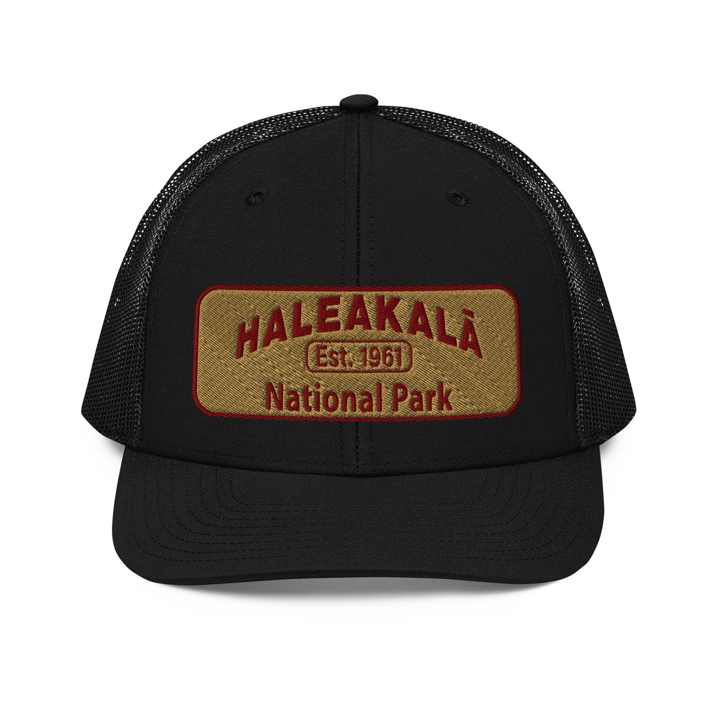 Haleakalā National Park Camo Hat - Gold and Red Embroidered Haleakalā National Park logo on front - Richardson 112 Trucker Hat - Front View  - Color:  Black/