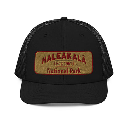 Haleakalā National Park Camo Hat - Gold and Red Embroidered Haleakalā National Park logo on front - Richardson 112 Trucker Hat - Front View  - Color:  Black/