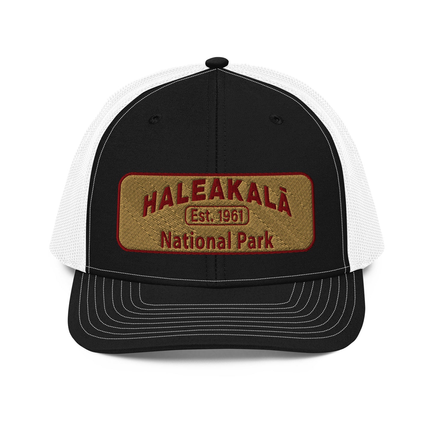 Haleakalā National Park Camo Hat - Gold and Red Embroidered Haleakalā National Park logo on front - Richardson 112 Trucker Hat - Front View  - Color:  Black/White