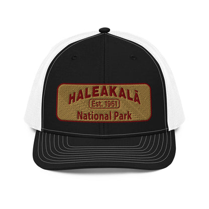 Haleakalā National Park Camo Hat - Gold and Red Embroidered Haleakalā National Park logo on front - Richardson 112 Trucker Hat - Front View  - Color:  Black/White