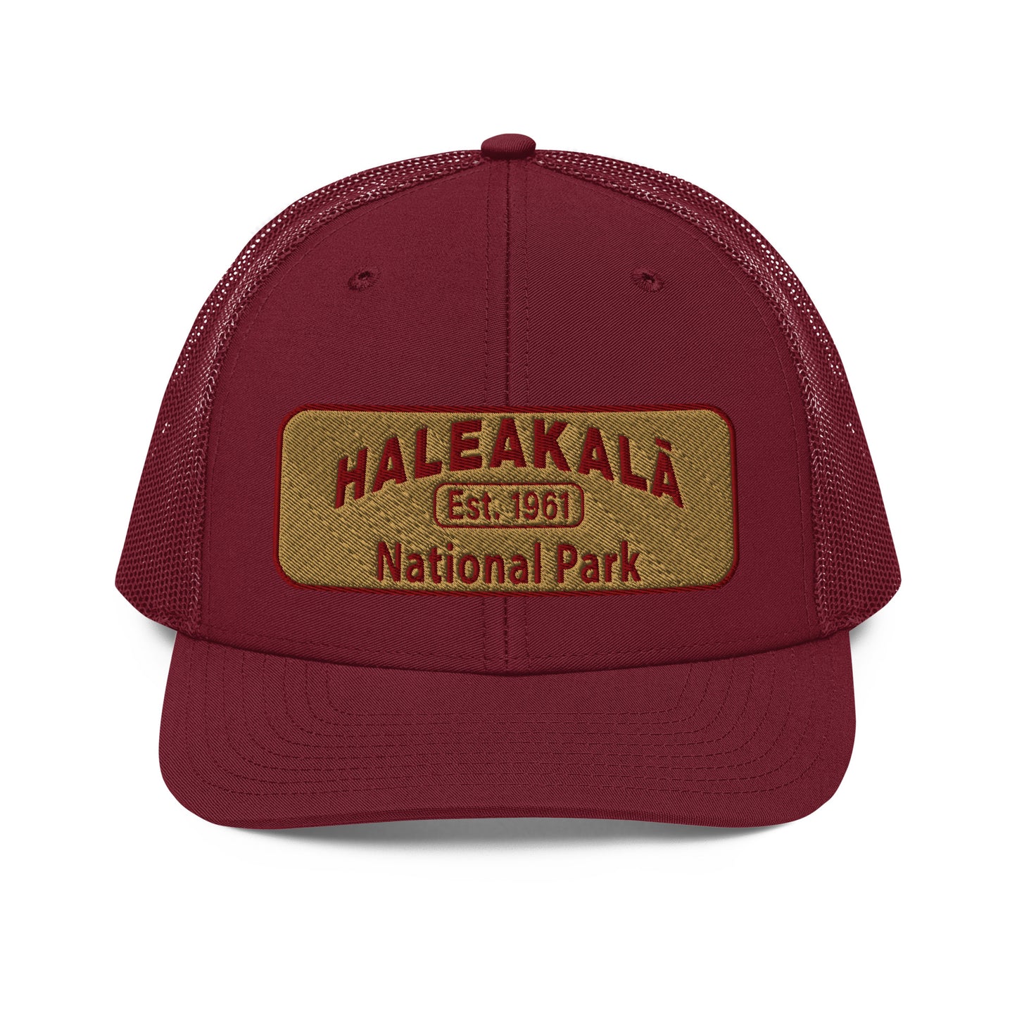 Haleakalā National Park Camo Hat - Gold and Red Embroidered Haleakalā National Park logo on front - Richardson 112 Trucker Hat - Front View  - Color:  Cardinal