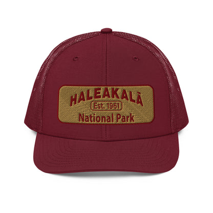 Haleakalā National Park Camo Hat - Gold and Red Embroidered Haleakalā National Park logo on front - Richardson 112 Trucker Hat - Front View  - Color:  Cardinal
